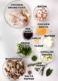 the ingredients to make chicken broth are shown in bowls