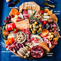 a platter filled with different types of cheeses and meats on a blue table