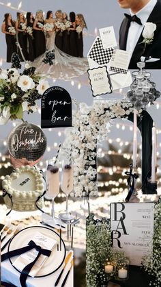 a collage of photos with wedding decorations and items on it, including cake, napkins, wine glasses