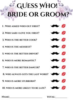 a printable question card with the words guess who's bride or groom?