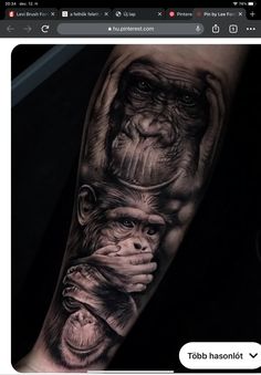 a man's arm with tattoos on it and two gorillas covering his eyes