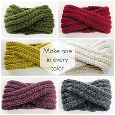 four different types of knitted headbands with the words make one in every color