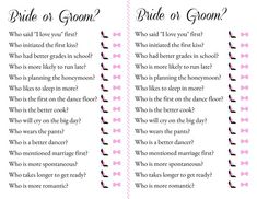 two bride and groom riddles with pink bows on them