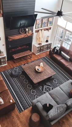 an overhead view of a living room with leather furniture