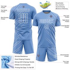 Order the jersey with special name & number you want from our shop, making a vibrant look on the field or daily life! Features: 1. Material: Made from 100% polyester wicking knit with 95% polyester / 5% spandex wicking pinhole mesh 2. Jerseys with sublimation printed name and numbers 3. Moisture-wicking fabric has spongy handle, good draping property and elasticity as well as good dimensional stability and wrinkle-resistance 4. Breathable & Quick-Drying 5. Athletic Cut & Exquisite stitching not easy to fall off 6. Slim fit follows your body's shape closely to let you move freely 7. Ventilated mesh panel insertsy 8. Set includes jersey, shorts with drawstring elastic waistband 9. Tagless Collar offers clean comfort 10. Machine washable, tumble dry low 11 Imported Blue Team Spirit Jersey With Letter Print, Blue Jersey With Letter Print For Sports Season, Blue Jersey With Letter Print For Team Events, Blue Letter Print Jersey For Team Events, Collegiate Blue Jersey For Team Events, Blue Jersey For Team Events With Team Spirit, Blue Football Season Jersey With Letter Print, Team Spirit Blue Jersey For Team Events, Blue Jersey With Team Logo For Football Season