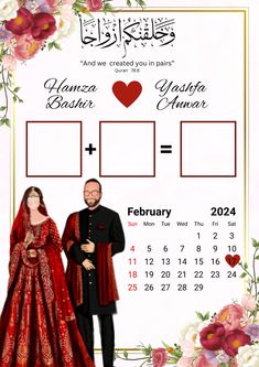 a calendar with an image of a man and woman dressed in traditional arabic clothing, standing next to each other