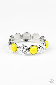 BOARDWALK BOHO - YELLOW Embossed in wavy textures, shiny silver discs and bubbly yellow beaded frames are threaded along a stretchy band around the wrist, creating a colorful statement piece. Sold as one individual. Get The Complete Look!SEARCH for the necklace: "Bohemian Bombshell - Yellow" (Sold Separately) - WHILE SUPPLIES LAST! P9WH-YWXX-116SP Boho Yellow, Yellow Bracelet, Disc Bracelet, Bead Frame, Yellow Necklace, Paparazzi Accessories, Stretchy Bracelets, Matching Necklaces, Shiny Silver