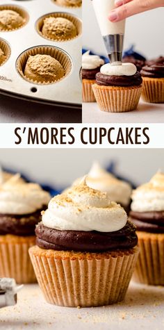 the process of making cupcakes is shown with chocolate frosting and white icing