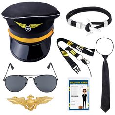 PRICES MAY VARY. 【Package Included】You will receive a pilot cap,a pilot sunglasses,a tie,a pin,a ID Card and a aviation bracelet,6 piece of pilot cosplay accessories in total.When wearing this will make you look handsome and dashing,which will enhancing the pleasure of the pilot role playing. 【Pilot Hat for adult】The pilot hat features black fabric with gold wing patch on front and a black visor,made of polyester fabric and shiny PU leather,plastic lining baffle making the cap with good shape,wh Pilot Clothing, Pilot Costume, Captain Cap, Pilot Uniform, Airline Pilot, Collar Clips, Polarized Aviator Sunglasses, How To Look Handsome, Pilot Sunglasses