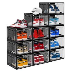 several pairs of shoes are stacked on top of each other in the same bins