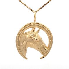 "Large Sculptural Horse Head Pendant/Charm 14k Solid Yellow Gold. Made in 1986 ET982 Metal Content: Solid 14K Gold Chain not included Pendant Measurements Length including bail:  1 5/8\" (42mm) Width:  1 3/16\" (30mm) Bail opening: 9mm x 5mm Weight:  8.37 Grams Stamps: 14k MA 86 Condition: Excellent pre-owned Each piece is thoroughly examined and refinished as needed by our professional jewelers, tested to guarantee metal content,  graded by our in-house GIA (Gemological Institute of America) Graduate Gemologist, and inspected for quality before being carefully packaged and promptly shipped. Thank you for taking the time to shop with us! We have hundreds of more listings, with more being added every week! From necklaces to bracelets, the classics and trendy.  We are likely to have somethin Classic Gold Jewelry With Horse Design, Classic Formal Jewelry With Horse Design, Race Horse, Horses Theme, Equestrian Jewelry, Horse Jewelry, Horse Equestrian, Accessories Ideas, Yellow Gold Pendants