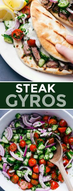 steak gyros with tomatoes, cucumbers and onions in a white bowl