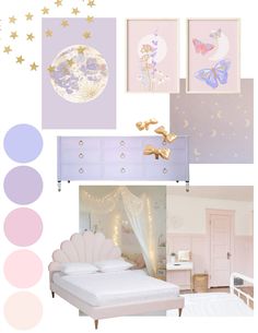 a bedroom with pink, purple and gold decor on the walls in different colors to match