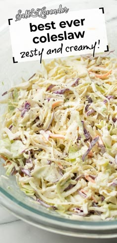 a glass salad bowl with coleslaw and text overlay that reads best ever coleslaw - zesty and creamy! Mustard Slaw Recipe, Mustard Coleslaw Recipe, Lunch Recipes Chicken, The Best Coleslaw, Creamy Coleslaw Recipe, Best Coleslaw, Best Coleslaw Recipe, Pasta Veggies, Celery Recipes