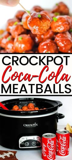 crockpot coca - cola meatballs in the slow cooker with text overlay