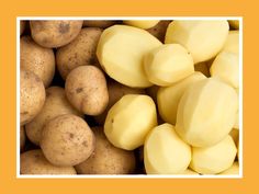 potatoes are piled up together in a square photo with an orange border around the image