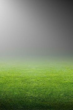 a soccer ball is in the middle of a field with green grass and fog behind it