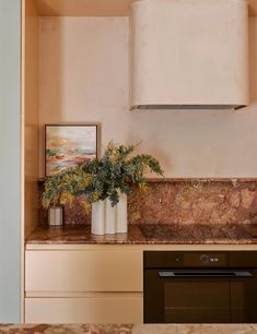 a kitchen with marble counter tops and an oven in the corner next to a potted plant