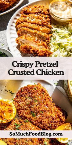 crispy pretzel crusted chicken on a plate with coleslaw and lemon wedges