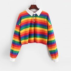 Long Sleeve Rainbow Color Ladies Hoodies With Button Striped Korean Style Sweatshirt Future Punk, Rainbow Crop Top, Crop Top Styles, Womens Tweed, Streetwear Mode, Crop Top Hoodie, Crop Top Sweatshirt, Striped Sweatshirts, Collared Sweatshirt