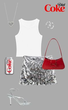 a woman in white shirt and silver skirt with red handbag, shoes and coca cola can