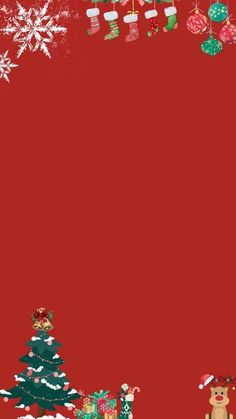 a red background with christmas decorations and teddy bears