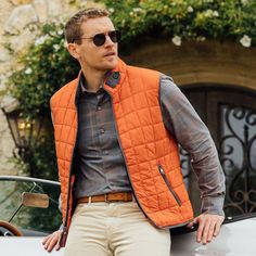 Quilted Water-Resistant Puffer Vest in Ochre (Size Medium) by Scott Barber Orange Vest Outfit Men, Vest Men Outfit, Vest Outfits Men, Orange Outfits, Contrast Interior, Outfit Hombre, Vest Style, Outfits Hombre, Orange Outfit