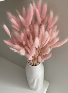 pink feathers in a white vase on a shelf