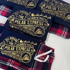 *If the size you require is not in stock please pop a message over - we are taking delivery of these every couple of days :-)* Are you off on the Polar Express this year with the family? Then you need matching outfits for sure! These t-shirts are made with 100% dedication and love.  The intricate design makes them extremely eye catching too. Personalised with your name, you will certainly get some great family photos and make lasting memories this year! The t-shirts are short sleeve, 100% cotton with a crew neck collar. Tartan bottoms have a fully elasticated waistband and also 100% cotton making them super comfortable. Children's bottoms - 0-6m / 6-12m / 12-18m / 18-24m / 24-36m / 3-4y / 5-6y / 7-8y / 9-10y / 11-12y / 13 years. Adult ladies bottoms - 6 / 8 / 10 / 12 / 14 / 16 / 18 / 20 Ad Polar Express T Shirt Ideas, Polar Express Matching Pajamas, Polar Express Pjs, Polar Express Shirts Vinyl, Polar Express Sweatshirt, Polar Express Shirt Ideas, Christmas T Shirt Ideas Family, Polar Express Pajamas, Polar Express Christmas Party