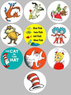 dr seuss and the cat in the hat buttons on a gray background with one fish two fish red fish blue fish