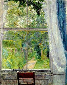 a painting of an open window with curtains and a chair in front of the window