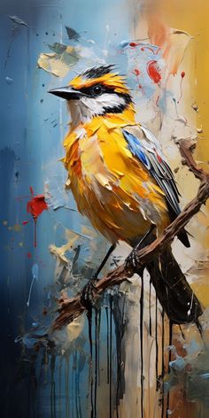 a painting of a bird sitting on a branch with paint dripping all over it's body