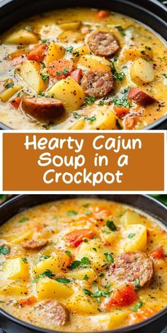 hearty cajun soup in a crockpot with potatoes, sausage and parsley