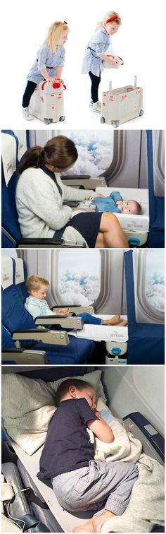 there are two pictures of people sleeping on the plane and one is holding a baby