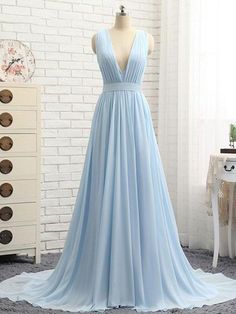 A Line V Neck and V Back Sky Blue Chiffon Long Prom Dresses, V Neck Blue Formal Dresses, Blue Evening Dresses Blue Formal Dresses, Prom Dresses V Neck, Outfit References, Light Blue Prom Dress, Evening Dress Long, Blue Evening Gowns, Dresses V Neck, Blue Dress Formal, Blue Evening Dresses