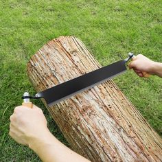 a person is holding a knife near a tree that has been cut down with scissors