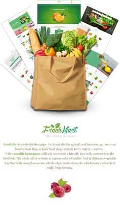 a bag full of vegetables and fruits with the words fresh market on it's side