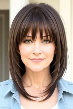 Very Long Bob With Layers And Bangs, Jennifer Aniston Bangs Fringes, Long Hair Styles For 50+ Women With Bangs, Hair Mistakes, Medium Short Hair, Long Hair With Bangs, Older Women Hairstyles