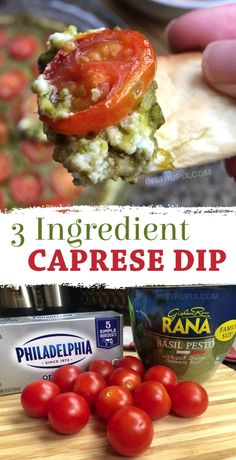 three ingredient caprese dip recipe with tomatoes on the side and ingredients to make it