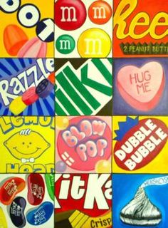 many different types of candy are depicted in this photo, including the logo for various brands