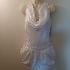 Size Small White Shimmery In Color Balloon Bottom Shorts Button On Each Leg Sleeveless Cowl Neck Zipper In The Back, No Pockets No Rips Or Tears Smoke Free, Pet Free Home Final Sale, No Returns Sleeveless Bubble Romper For Beach, Sleeveless White Bubble Romper For Beach, Casual Fitted Sleeveless Bubble Romper, Fitted Sleeveless Casual Bubble Romper, Casual Fitted Bubble Romper For The Beach, Casual Fitted Bubble Romper For Beach, Fitted Casual Bubble Romper For Beach, Fitted Sleeveless Bubble Romper For Vacation, Casual Summer Overall Bubble Romper