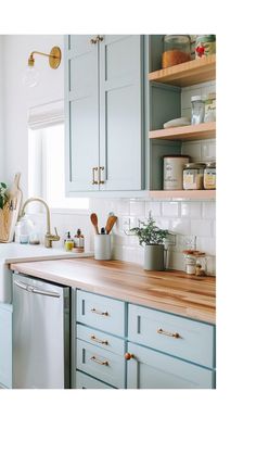 the kitchen counter is clean and ready to be used as a storage area for dishes