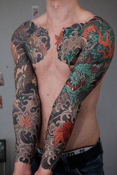 a man with tattoos on his arms and chest