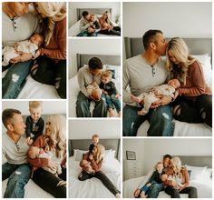 a collage of photos shows a man and woman holding their baby while they sit on a bed