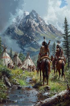 an oil painting of native americans riding horses by a stream and teepees in the background