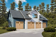 this is an artist's rendering of a garage with three doors and two windows