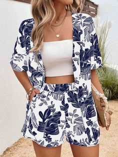 Blue and White Boho Collar   Tropical  Embellished Non-Stretch  Women Clothing Beach Coordinates Outfit, Swimming Fits, One Piece Shorts, Tropical Print Top, Boho Tropical, Tropical Fashion, Butterfly Blouse, Summer Shorts Outfits, Elegant Maxi Dress