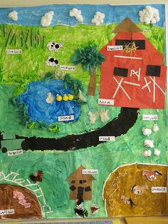 an art project with farm animals and houses