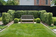 a wooden bench sitting in the middle of a lush green yard