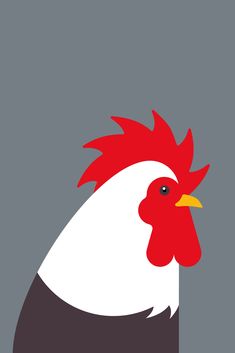 a red and white rooster is shown on a gray background